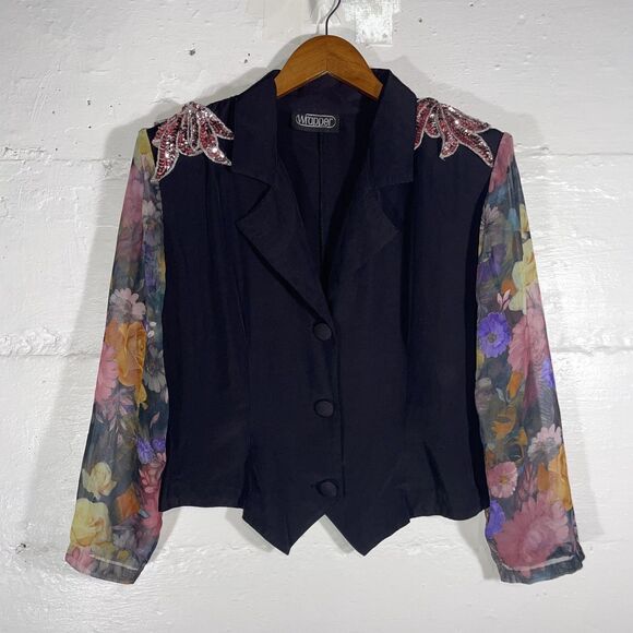 Vintage Pink Sequin Shoulder Floral Sleeve Blazer Black Sheer 80s Wrapper USA - Picture 2 of 10